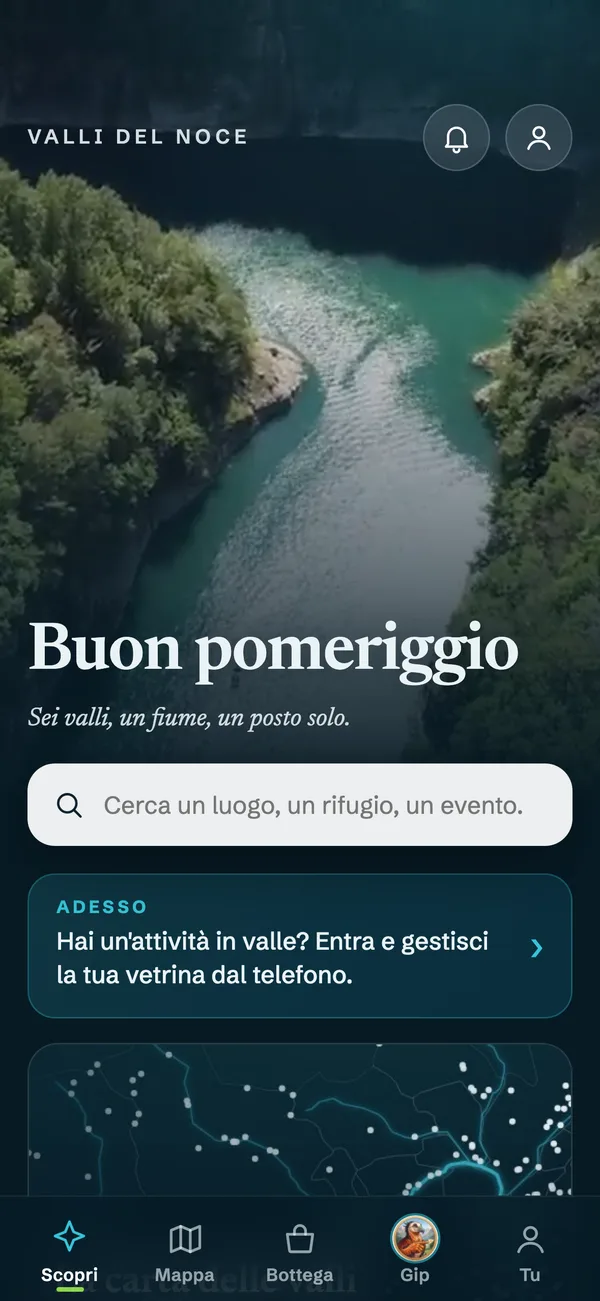 The first screen of the app on an iPhone: the greeting, the search, what is happening now and the tab bar